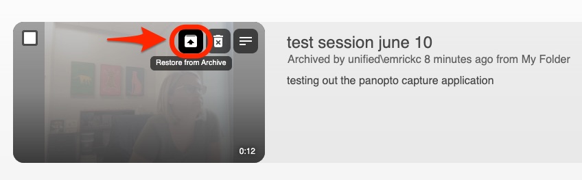 locating the restore archive button on a panopto media file